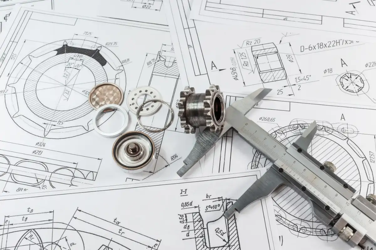 Engineering Drawing, Measuring Instrument Vernier Caliper And Parts Are Steel Sleeves